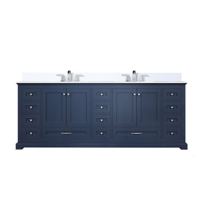Meuble-lavabo double bleu marine 84 po X P 22 po D, dessus en quartz blanc et ensemble de robinet