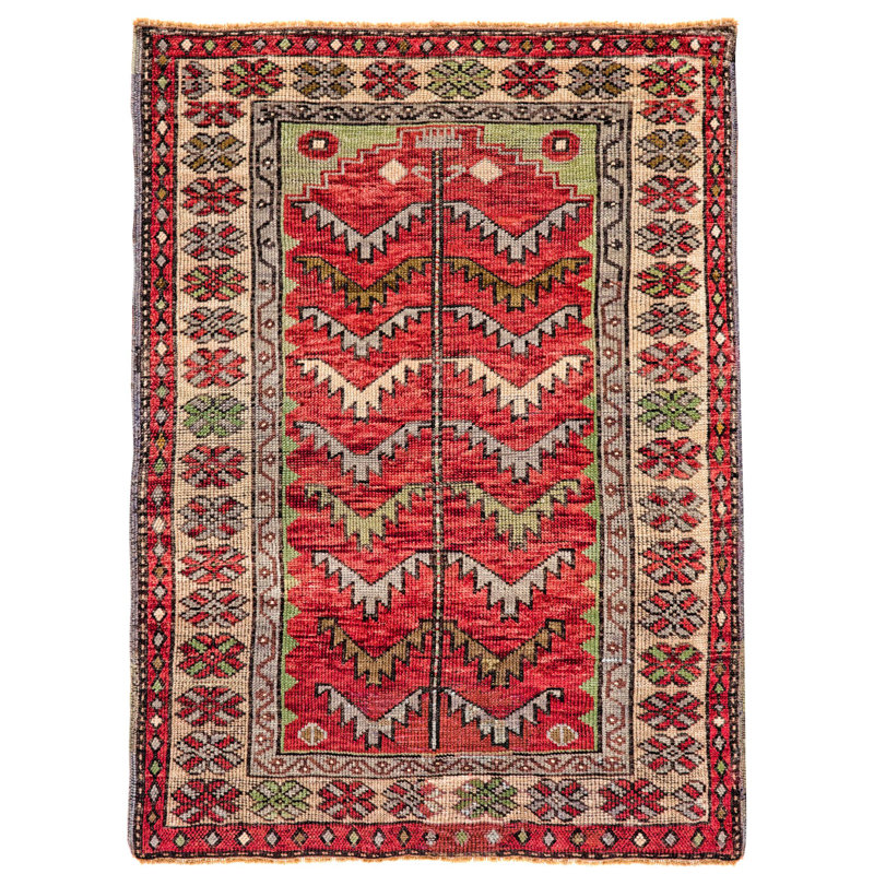 Tapis tribal turc rouge et ivoire 3 x 4