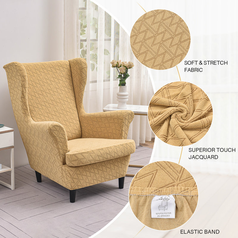 Housse extensible 2 pièces pour fauteuils à oreilles - Housse de canapé en jacquard spandex avec fond élastique, Jaune