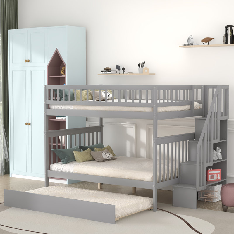 Gurchetan Twin Over Twin Bunk Bed with Built-In Stairs , Trundle Bed Included, Full over Full, Grey