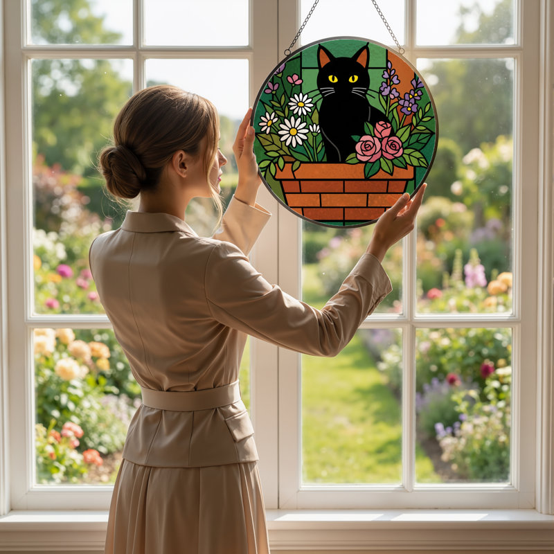 7.8"H Black Cat Stained Glass Window Panel, 7.8" H x 7.8" W