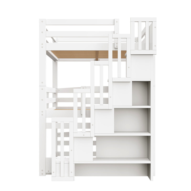 Lit superposé triple avec escalier de rangement, conception séparée, Blanc