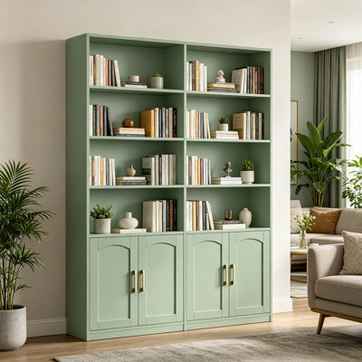 Double Wide Large Bookshelf With Doors, Open Display Shelves, Tall Bookcase With Storage Cabinets For Home Office, Living Room, Library