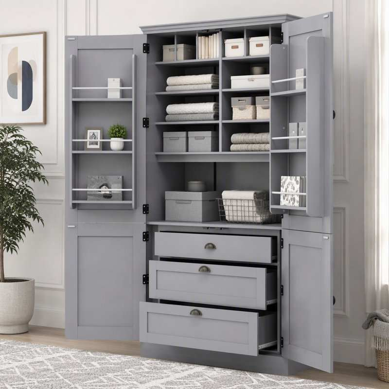Armoire de cuisine de 75 pouces, armoire haute avec support pour micro-ondes, meuble de rangement autoportant à 4 portes, 3 tiroirs, casier à vin et étagères réglables