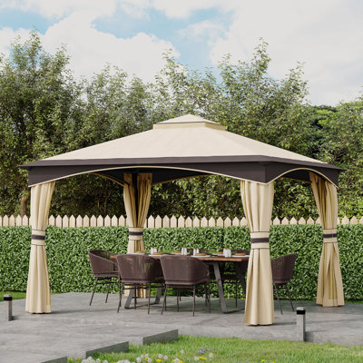 Outdoor Gazebo With Netting And Curtains, Patio Gazebo Canopy With 2-Tier Soft Top Roof And Steel Frame For Lawn, Garden, Backyard And Deck