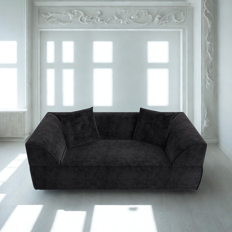 3-In-1 Convertible Sofa Bed, 79.5" Modern Deep Seat Couch With 2 Pillows, 3-Seater Sofa, Sparkling Chenille Fabric Sofa,Chaise Lounge For Living Room, Studio,Office,Black