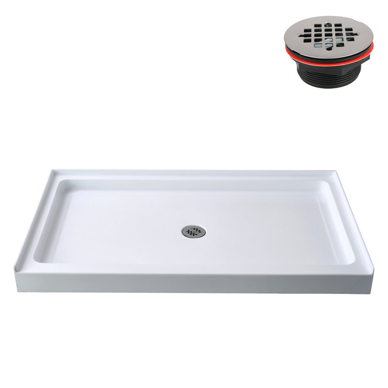 Base de douche 60 po x 32 po en alcôve en acrylique blanc brillant avec bonde centrale, bonde incluse, Blanc lustré