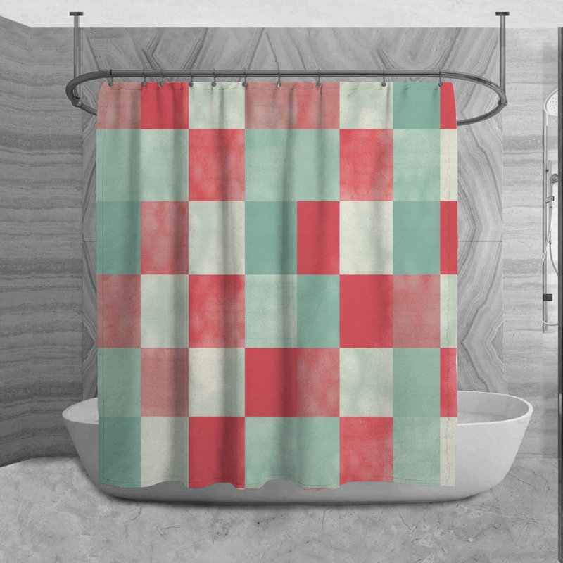 Rideau de douche à carreaux Shaima, Rouge/turquoise, H 73 po x l 70 po