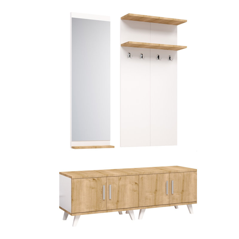 Hall Tree with Bench and Shoe Storage, Oak/White