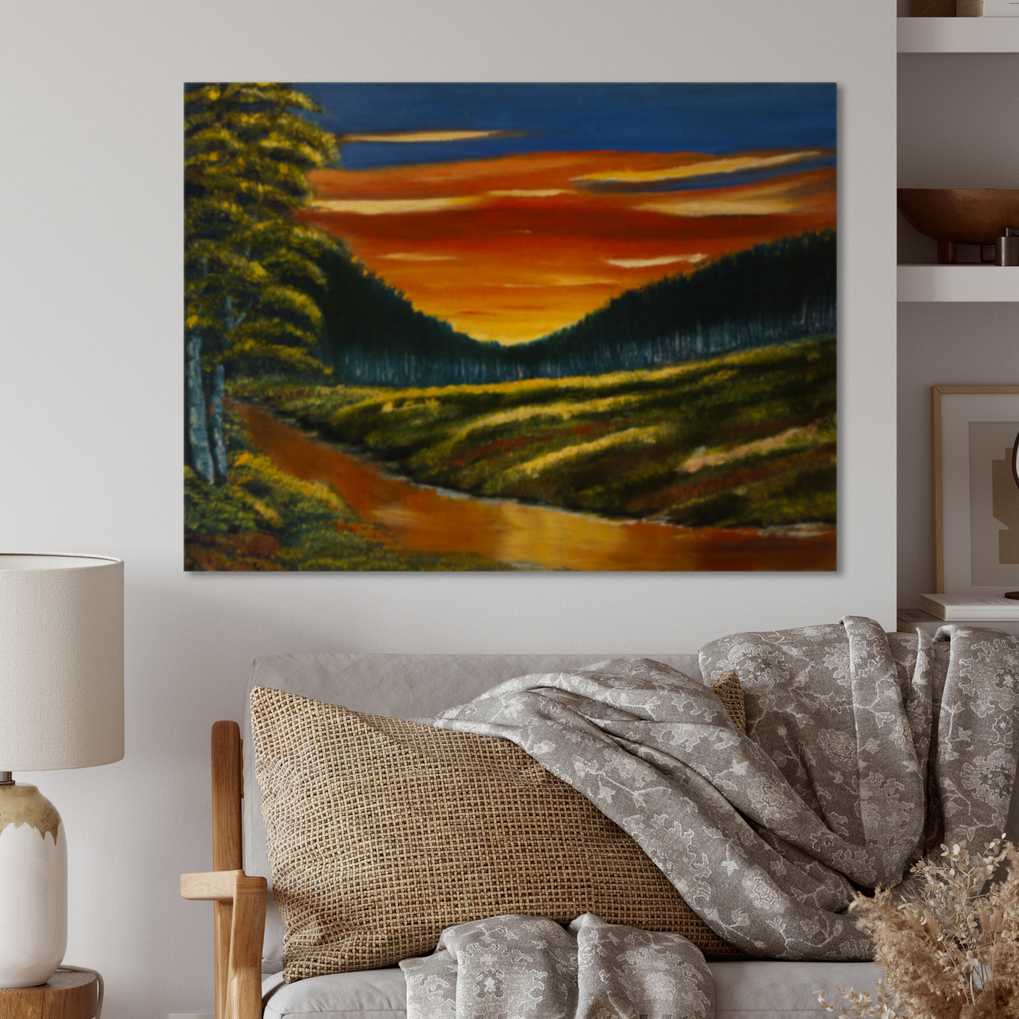 Warm Coloured Sunset Above The Lotus Swamp - Unframed Painting On Wood Millwood Pines Size: 8 H x 12 W x 1 D