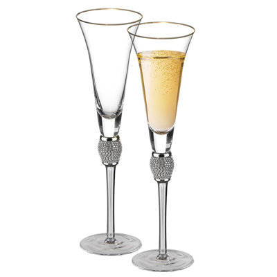 2 Piece Elegant Crystal Set Wedding Champagne Glasses With Diamond Rhinestone Accents And A Rim - 11 In Tall With Slender Long Stem, 7 Oz - Chic Toasting Set For The Bride And Groom