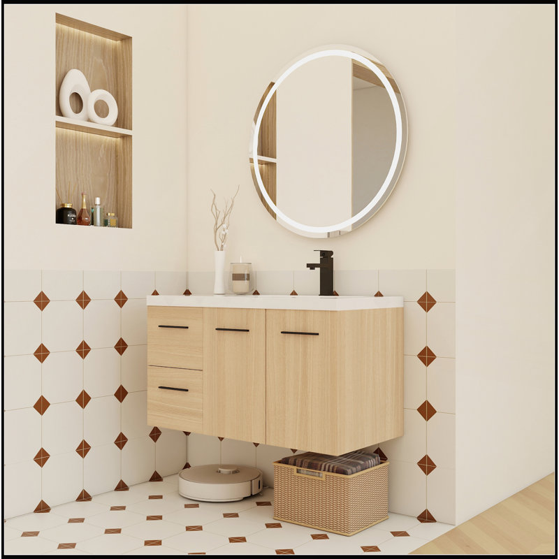 Ensemble de meuble-lavabo mural flottant 36 po avec lavabo 36 po, chêne clair, 2 portes et 2 tiroirs modulaires, comptoir de salle de bain gélifié, 3 boîtes