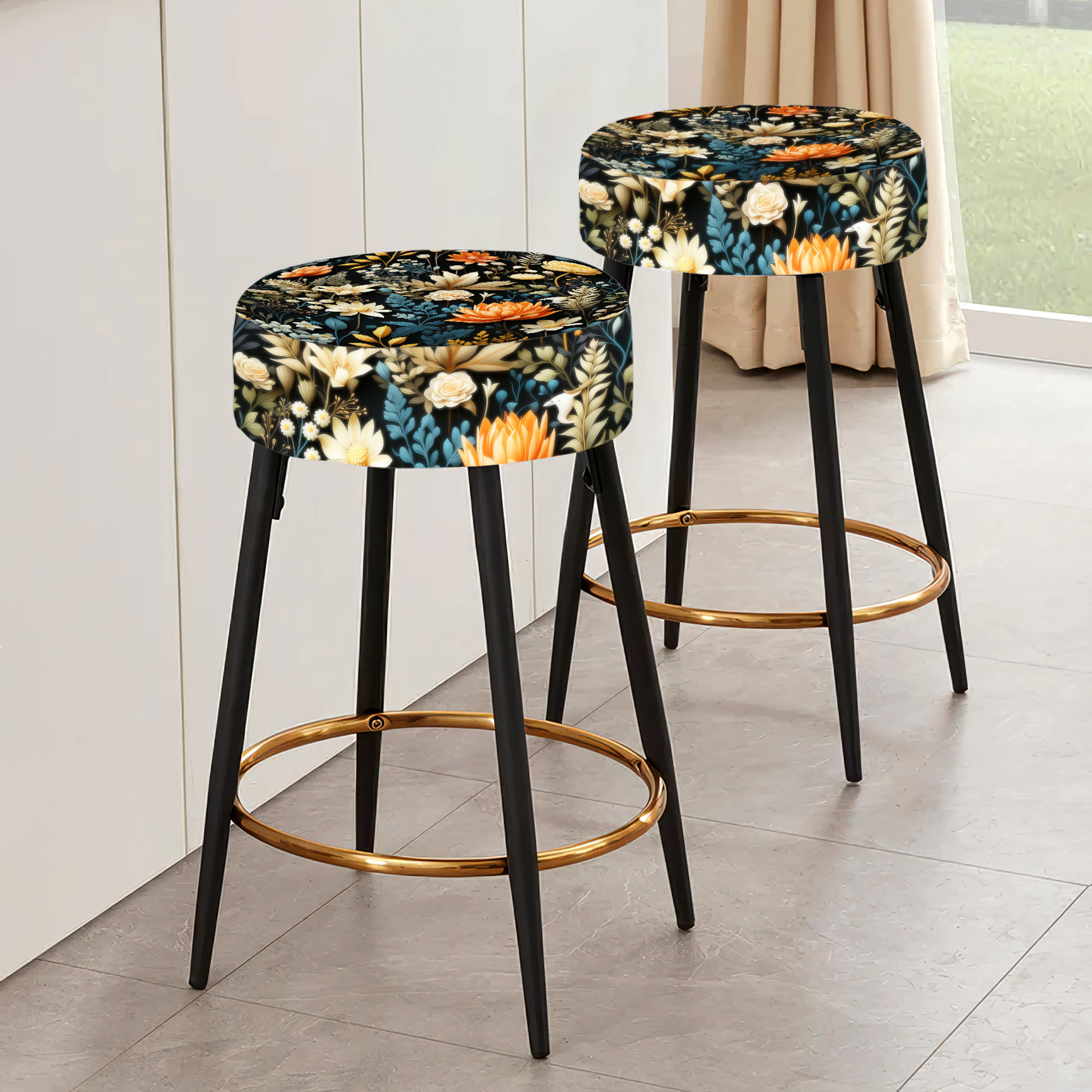 Design Art Cottage Floral Autumn Collage - Floral Bar Stools Set Of 2 ...