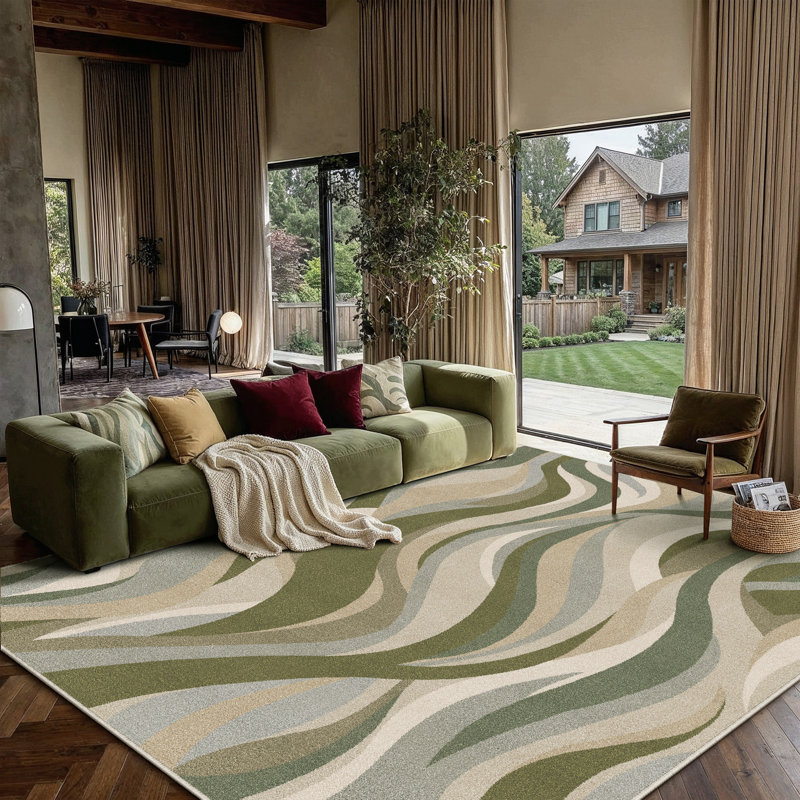 Astrum Machine Washable Abstract Art Area Rug, Rectangle 9' x 12', Green