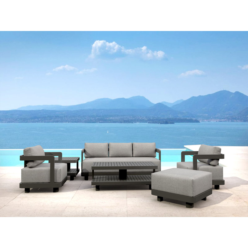 Ensemble de conversation avec coussins Massud Sunbrella, Ardoise Cast, 2 fauteuils, canapé, repose-pieds, table, table d
