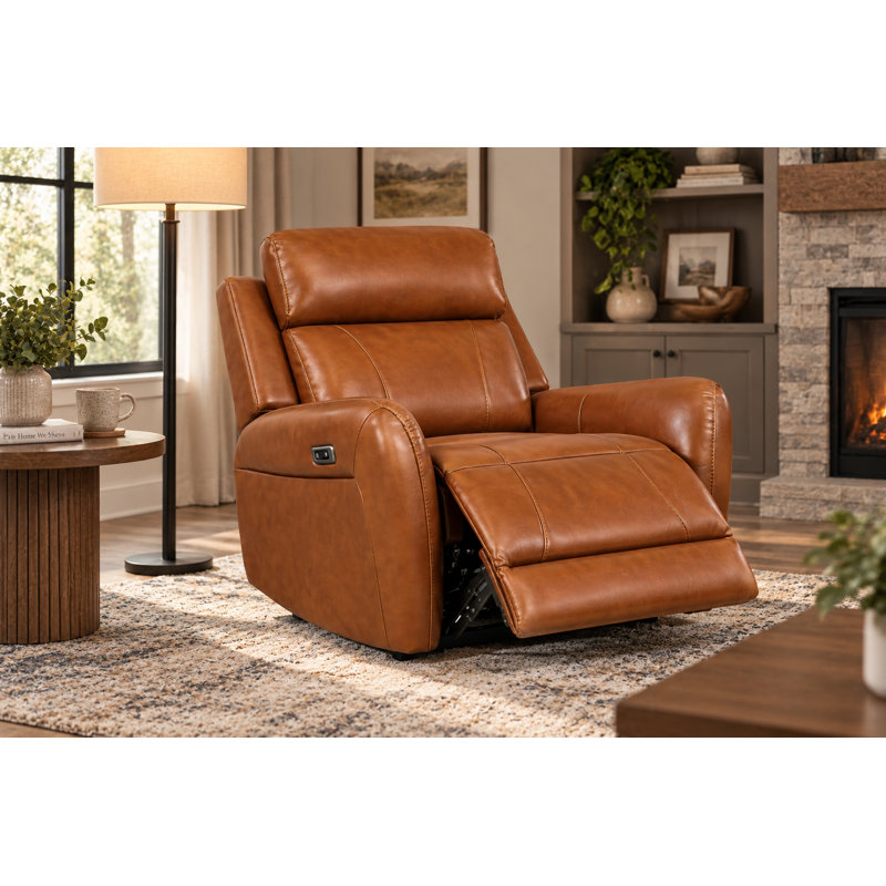 Fauteuil inclinable électrique en cuir véritable, caramel, L 38 po