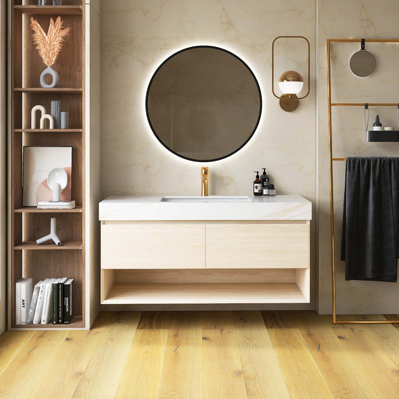 Meuble-lavabo flottant pré-assemblé en contreplaqué avec plateau en pierre frittée Calacatta Gold, lavabo encastré en céramique et capteur de lumière, finition texture travertin
