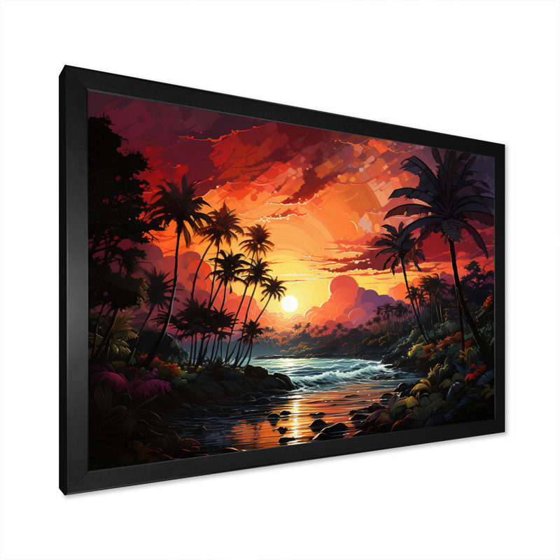 Palmiers sur un coucher de soleil coloré sur toile, H 30 po x l 40 po x P 1,5 po, Cadre photo noir