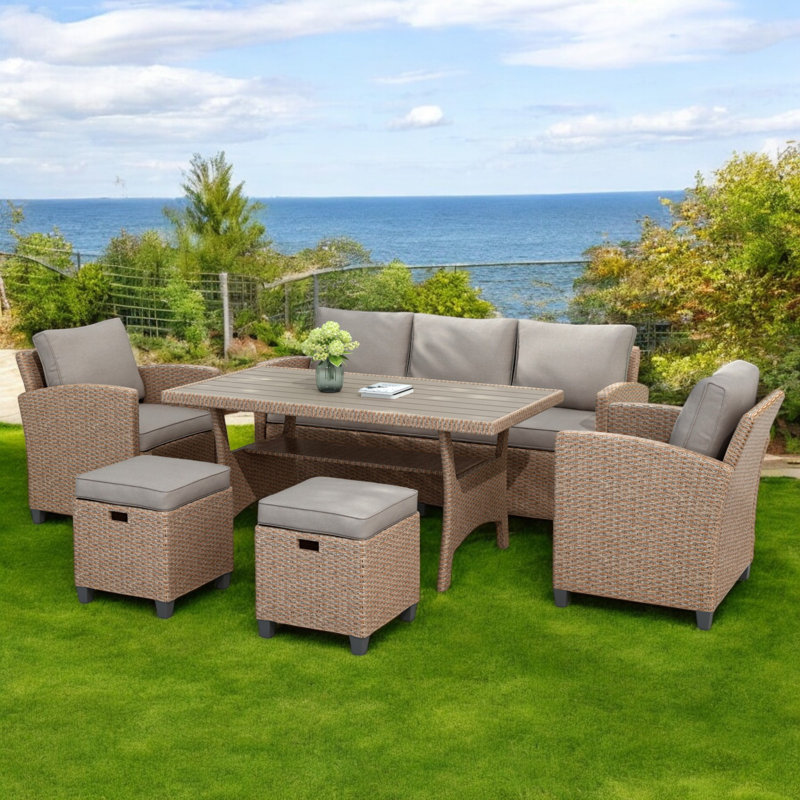 Ensemble de salle à manger modulaire en rotin avec coussins 6 pièces Anthwan, Gris, Naturel