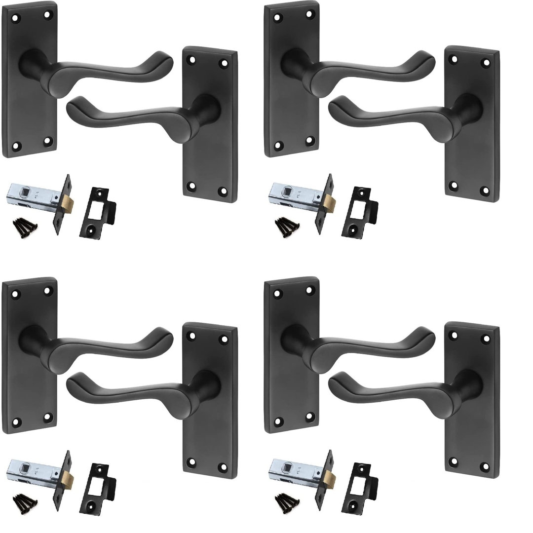 Golden Grace 4 Pack Premium Victorian Scroll Door Handles with Latch Pack Set in Matt Black Finish - 120mm x 40mm Backplate