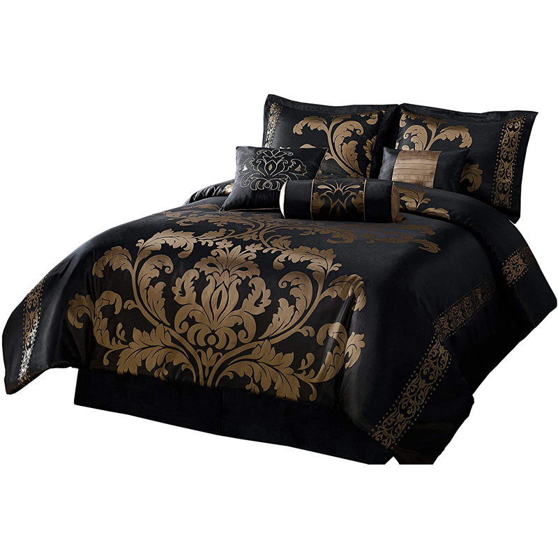 Full Black and Gold Jacquard Floral Comforter Set