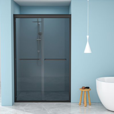 48" Shower Door, 8Mm Glass With R10 Smooth Edges And Features, Matte Black Frame, Reversible Sliding, Water-Tight Seal, No Specialized Tools Double Sliding Laminated Grey Glass, Design, Weekly