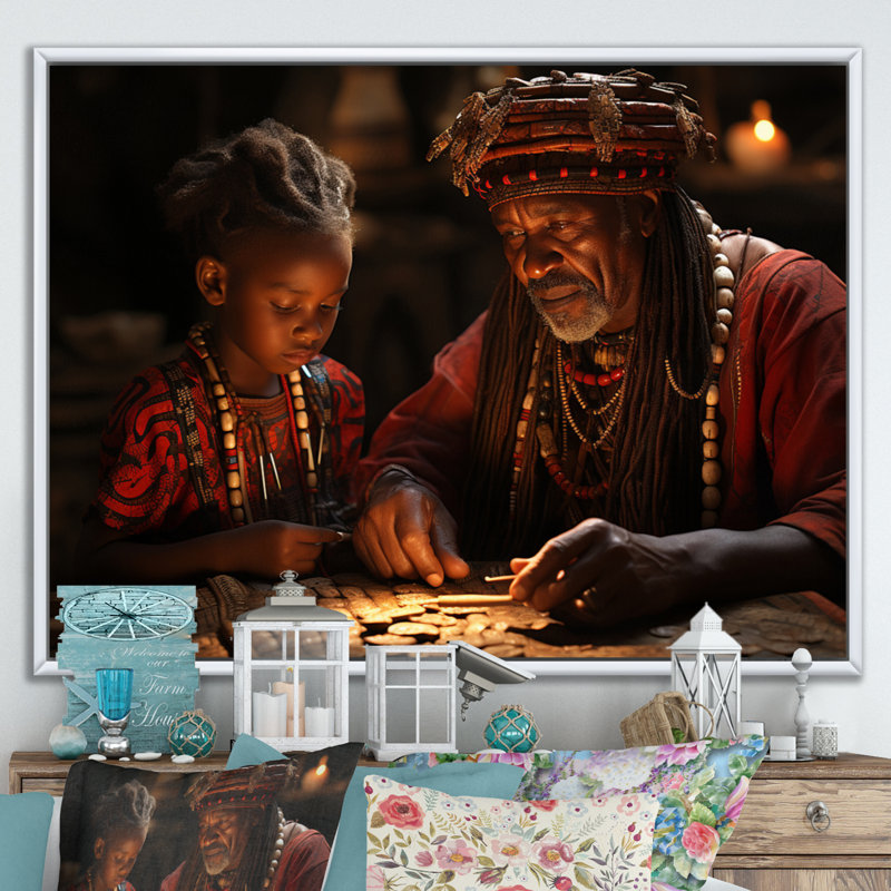 Sagesse africaine ancienne sur toile, H 12 po x l 20 po x P 1 po, Cadre flottant blanc