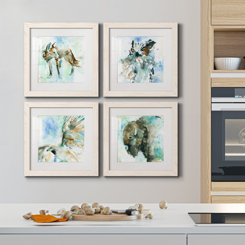 Fox on Blue - Ensemble de 4 peintures sur toiles encadrées, Cadre blanc, H 31,5 po x l 126 po x P 1,5 po