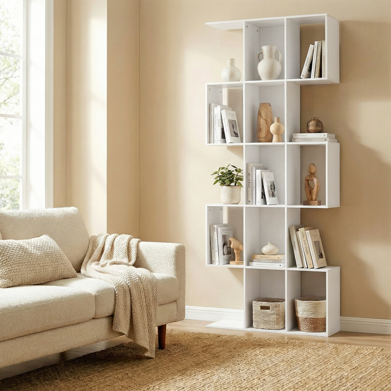 5-Tier Bookshelf, S Shaped Geometric Bookcase, Oak, White