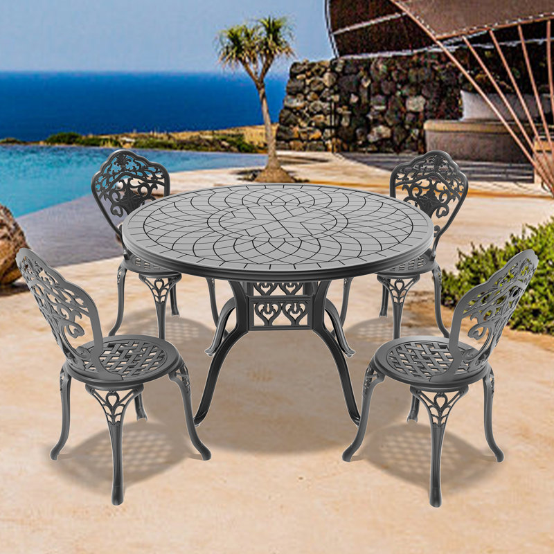 Ensemble de salle à manger 5 pièces en aluminium moulé résistant aux intempéries, cadre noir, design raffiné, siège ergonomique et confortable, tapis antidérapant, montage facile