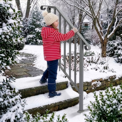 Rambarde d'escalier extérieure argentée à 2 marches, garde-corps métallique robuste avec extrémités incurvées pour escaliers de jardin, résidentiels et commerciaux