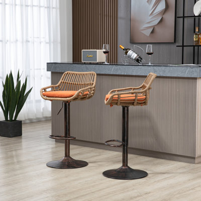 Beige Swivel Bar Chairs Of 2 - Adjustable Height With Footrest For Kitchen & Dining Linen Seat Cover, Metal Base, 250Lb Capacity Fabric Seat, Frame,