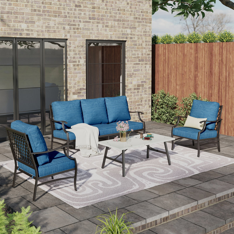 Ensemble de conversation de patio pour 5 à 7 personnes avec repose-pieds optionnel Asfand, Bleu paon, Non