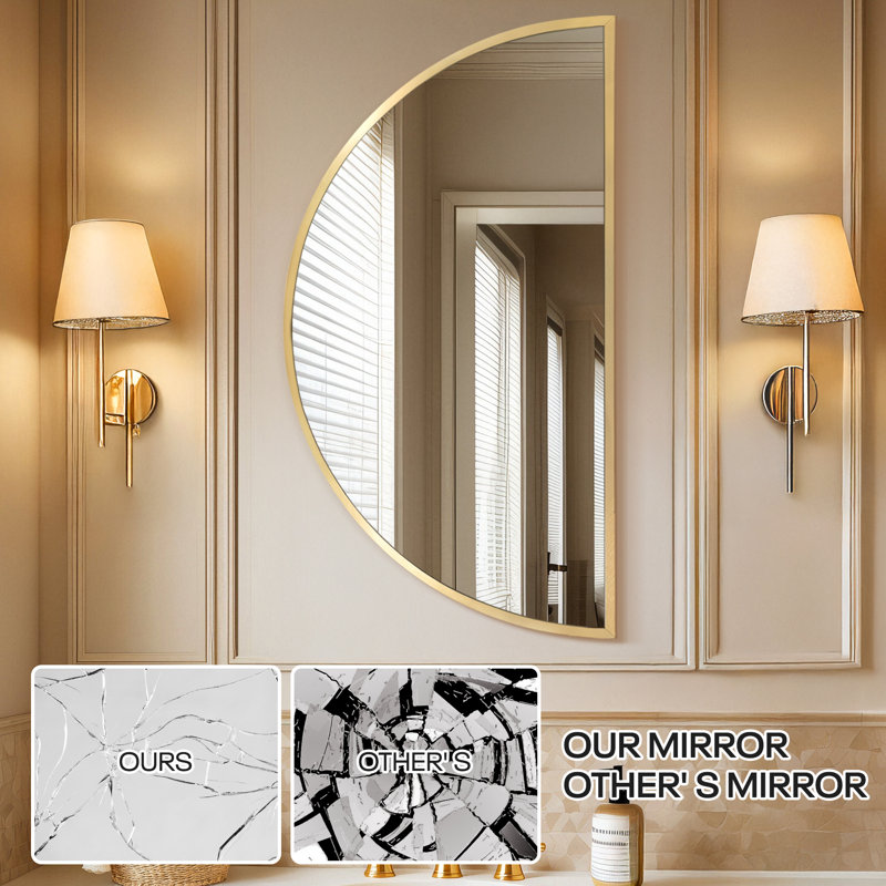 Arched Aluminum Frame Wall Mirror with Tempered Glass for Bathroom, Living Room, Entryway, Brushed Gold, 20" H x 40" W