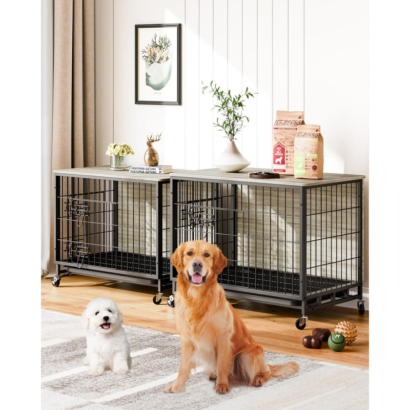 Mobilier de cage pour chien, chenil pour chien à deux portes d'intérieur avec plateau et roues amovibles