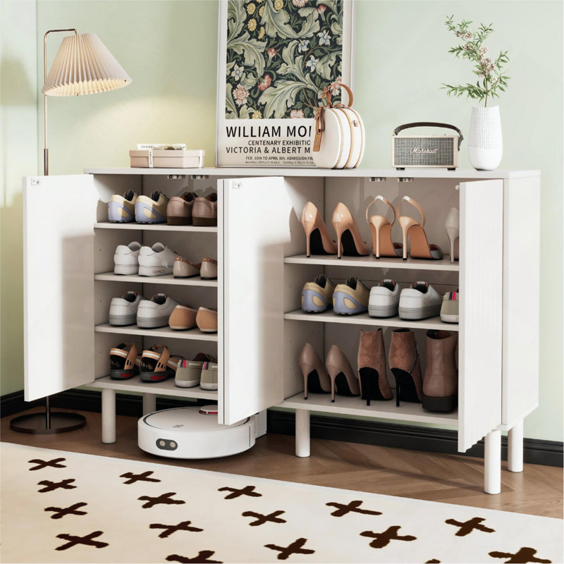 Sideboard 13.7" On-Trend Minimalist Shoe Cabinet With 5 Solid Wood Legs, Cream Style Buffet With Fluted Doors, Large 4 Doors Storage With Adjustable Shelves For Living Room, White, 55.1*