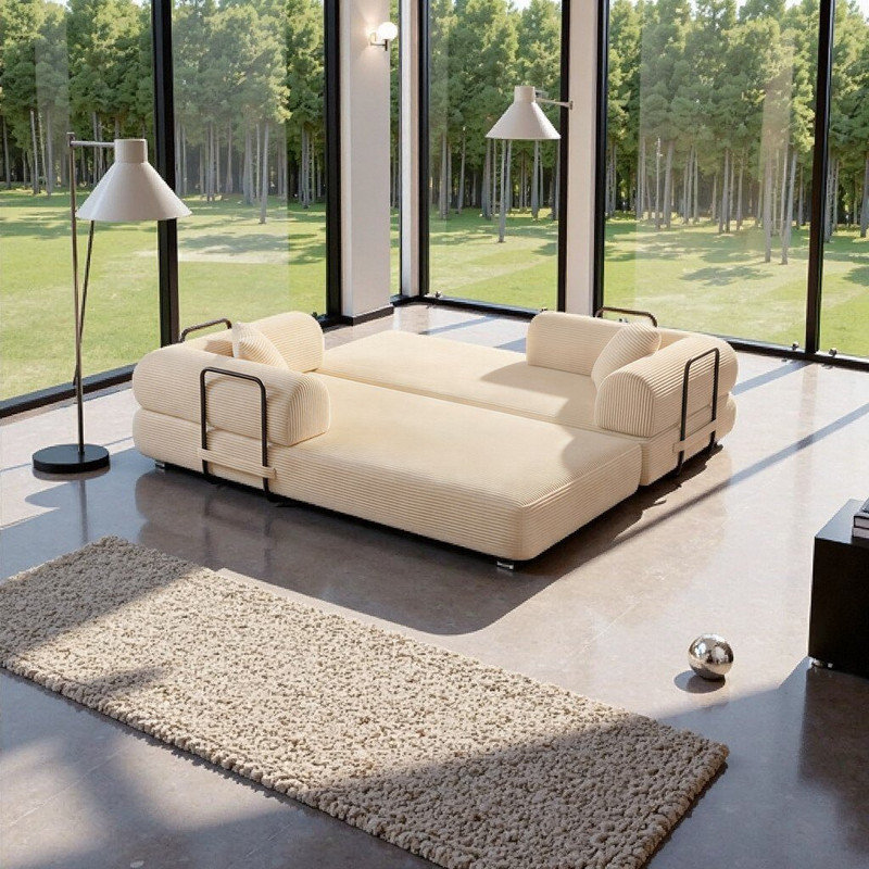 3 in 1 Modular Boneless Sectional Sofa – Convertible Floor Sofa Bed with Corduroy Upholstery, Beige