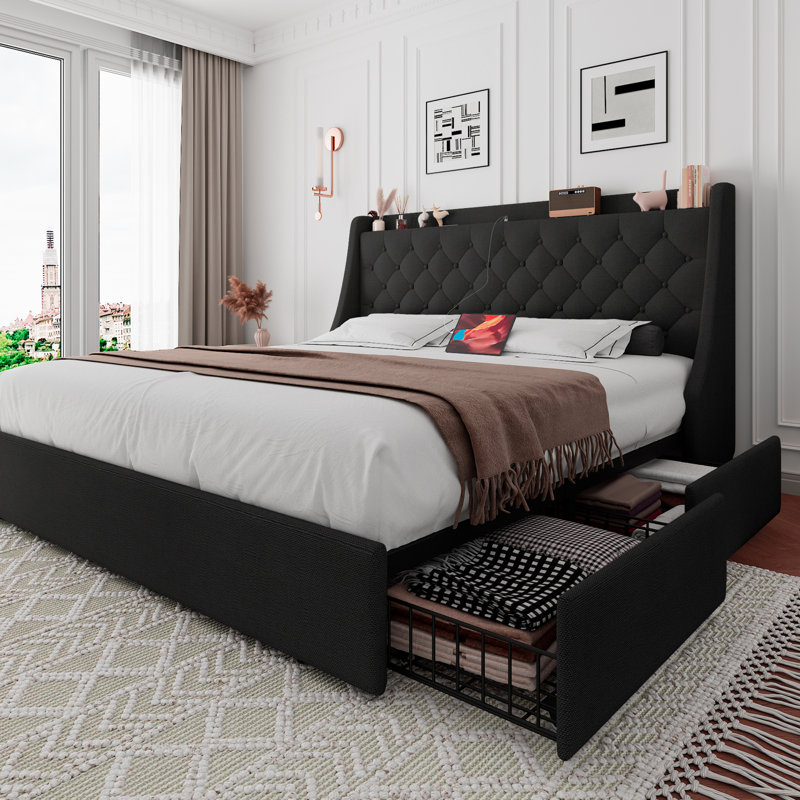 Structure de lit double Einhomn avec 4 tiroirs de rangement, structure de lit plateforme tapissier avec ports Type-C et USB, tête de lit à oreilles, noir
