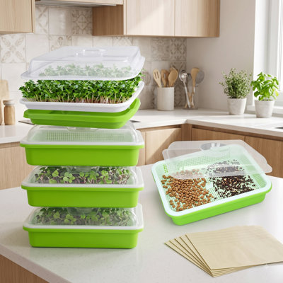 5 Pack Seed Sprouter Trays with Lids, Microgreens Growing Trays Kit | BPA Free & Soil Free, Reusable Sprouting Kit with Germination Paper for Wheatgrass, Beans, Cat Grass and Indoor Gardening