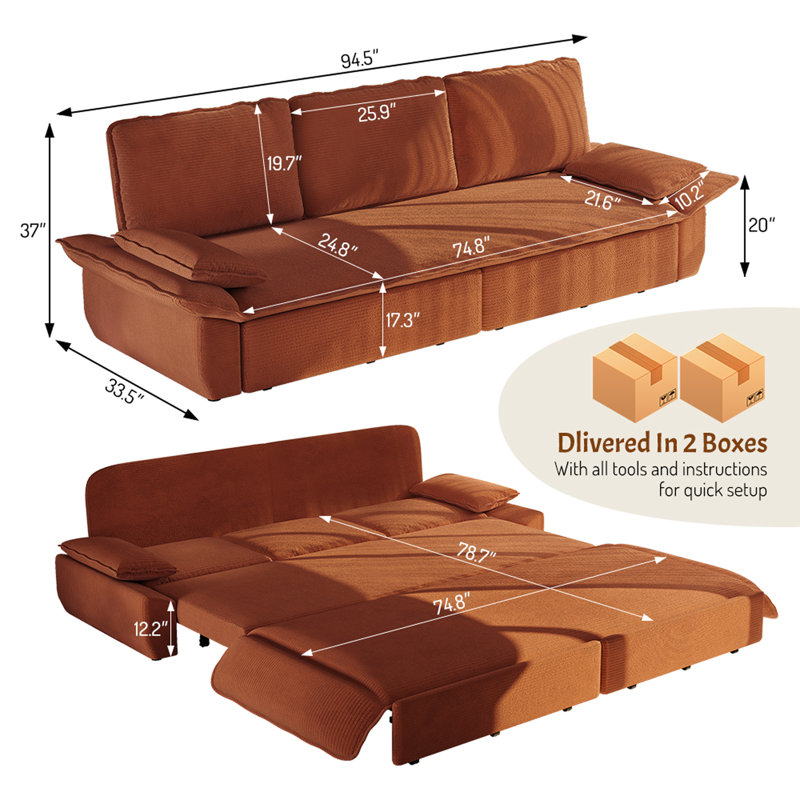 Canapé-lit gigogne King Size 94,5 pouces, velours côtelé orange, 3 en 1, Orange Corduroy