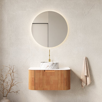 Meuble-lavabo mural de 30 po, lavabo mural flottant moderne en céramique blanche avec motif de pierre, tiroir de rangement, finition grain de bois naturel, meuble-lavabo et lavabo pré-assemblés, lavabo rond, grand