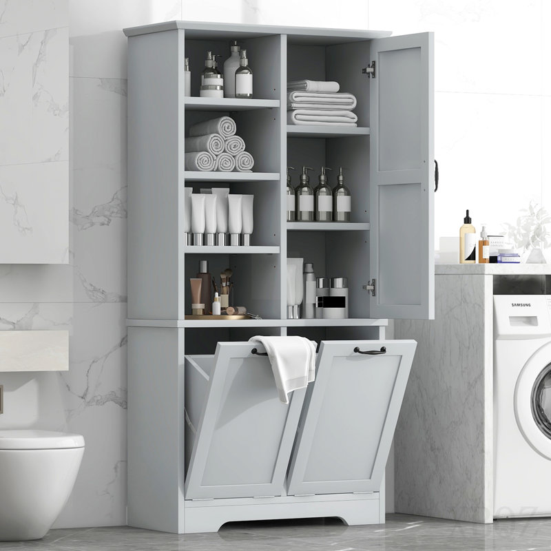 Bathroom Storage Cabinet With Doors And Drawers, Tilt-Out Laundry Hamper, Multiple Storage Space, Freestanding Style, Open Shelve, Adjustable Shelf, Gray