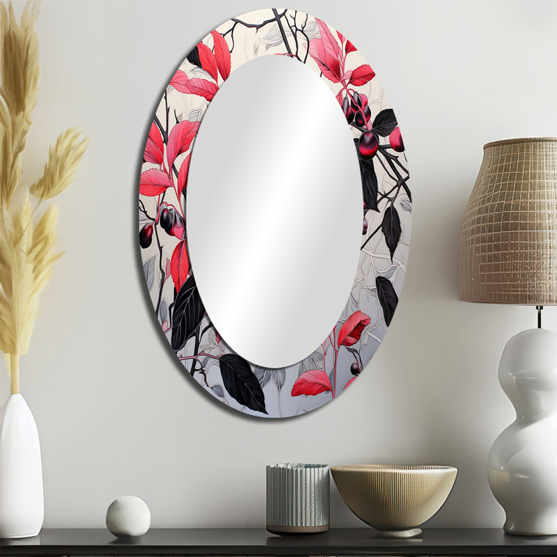 Miroir mural ovale rouge et noir minimaliste botanique II, 36 po x 24 po