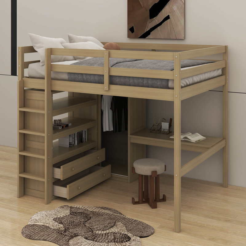Lit mezzanine double avec bureau, tablettes et tiroirs, Noyer
