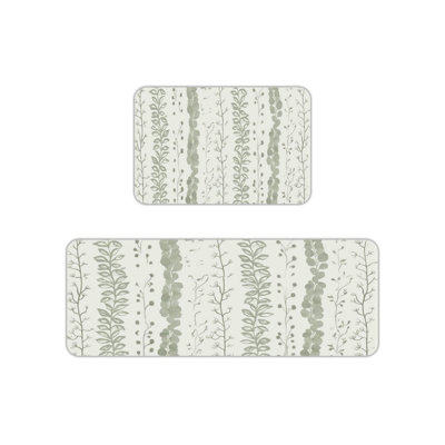 Light Green Botanical Stripe Kitchen Mats, 2-Piece Set for Minimalist Home Decor