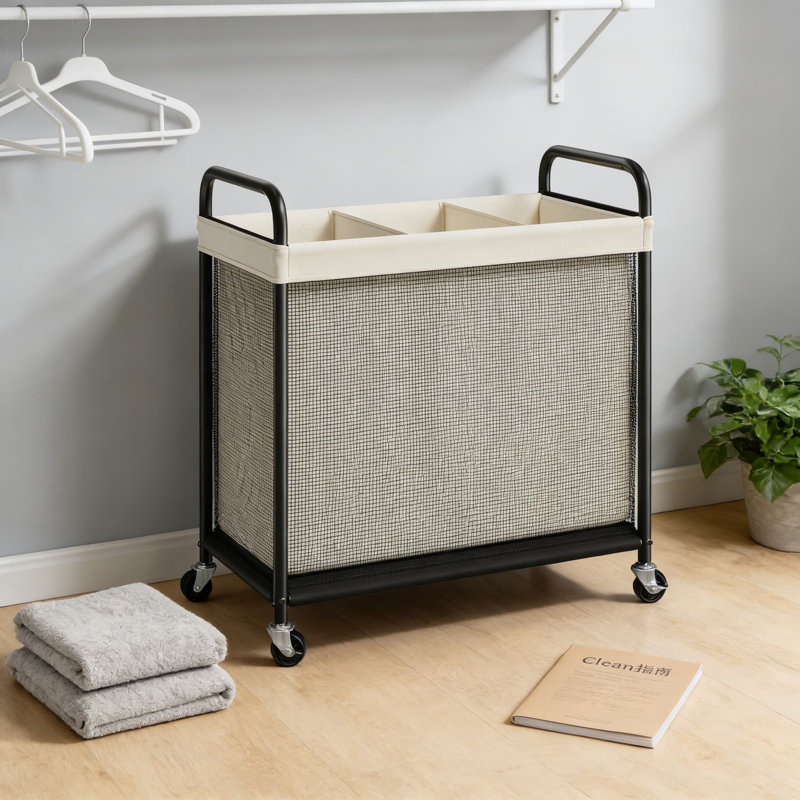 Trieur à linge à 3 sections avec sacs amovibles, chariot de panier à linge d'une capacité de 120 L avec roues et freins, cadre en acier et poignée ergonomique pour l'organisation de la salle de lavage