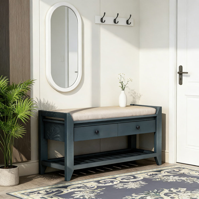 Banc de rangement polyvalent en bois avec siège rembourré, étagère à chaussures cachée et tiroirs pour le vestibule, le couloir, la chambre à coucher ou le porche