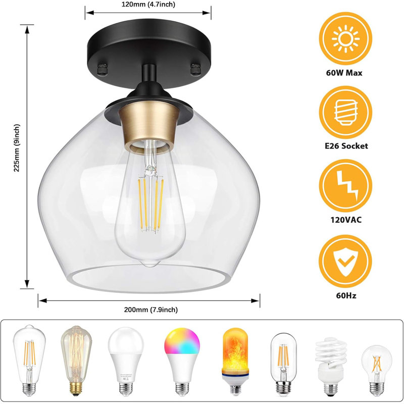 Modern Semi Flush Mount Ceiling Light With Clear Glass Shade