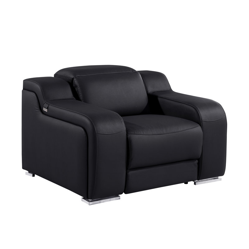 Divanitalia Top Grain Italian Leather Power Reclining Chair With Power Headrests, Black