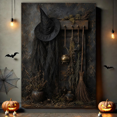 Rustic Witch Hat Broom And Brass Cauldron Hanging On Wooden Hook Rack With Dried Herbs, Dark Gothic Halloween Canvas Wall Art